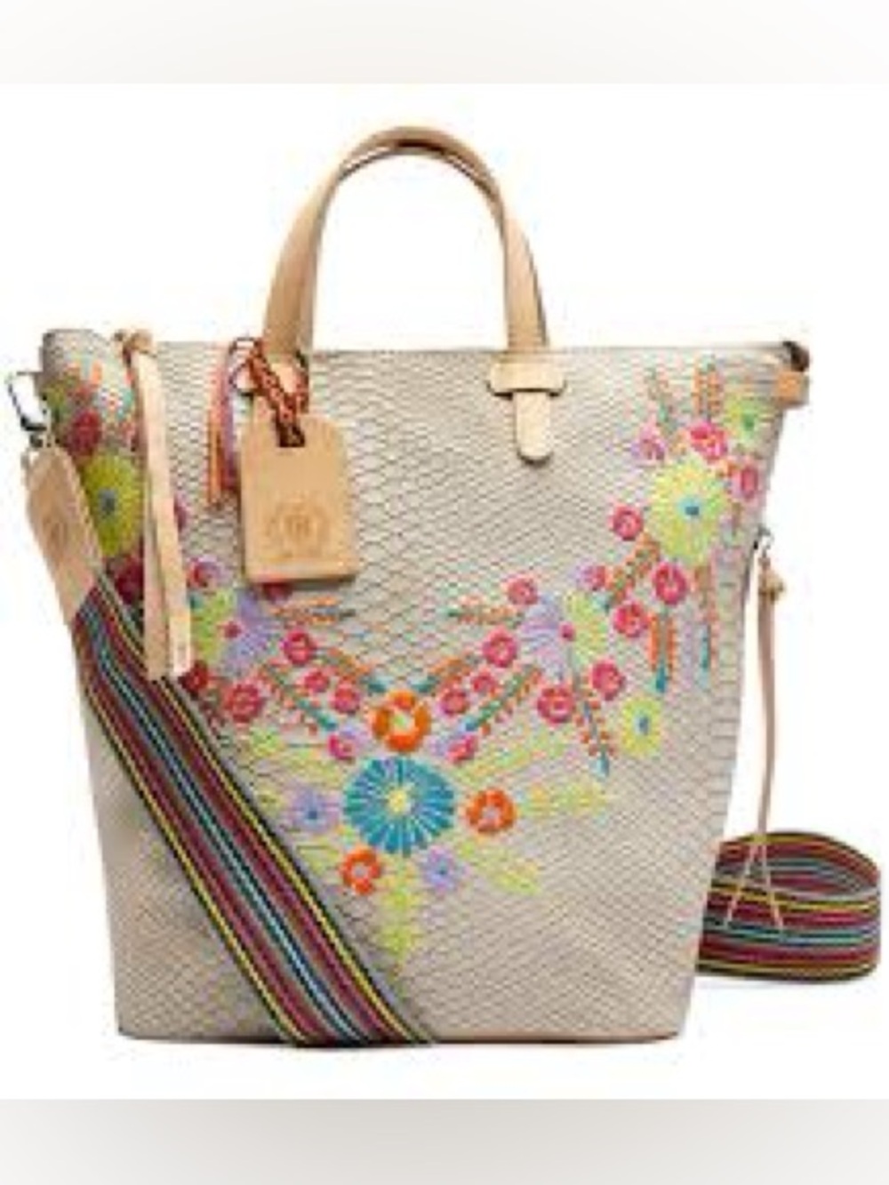 Consuela Like New Cream Embroidered Leather Shoulder Bag with Multicolor Strap
